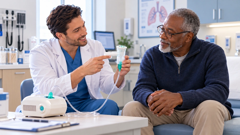 Doctor Demonstrates Monaghan Medical Nebulizer to Patient